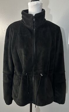 KRISTEN BLAKE Womens L Black Faux Fur Coat Collar Draw String Waist Jacket EUC